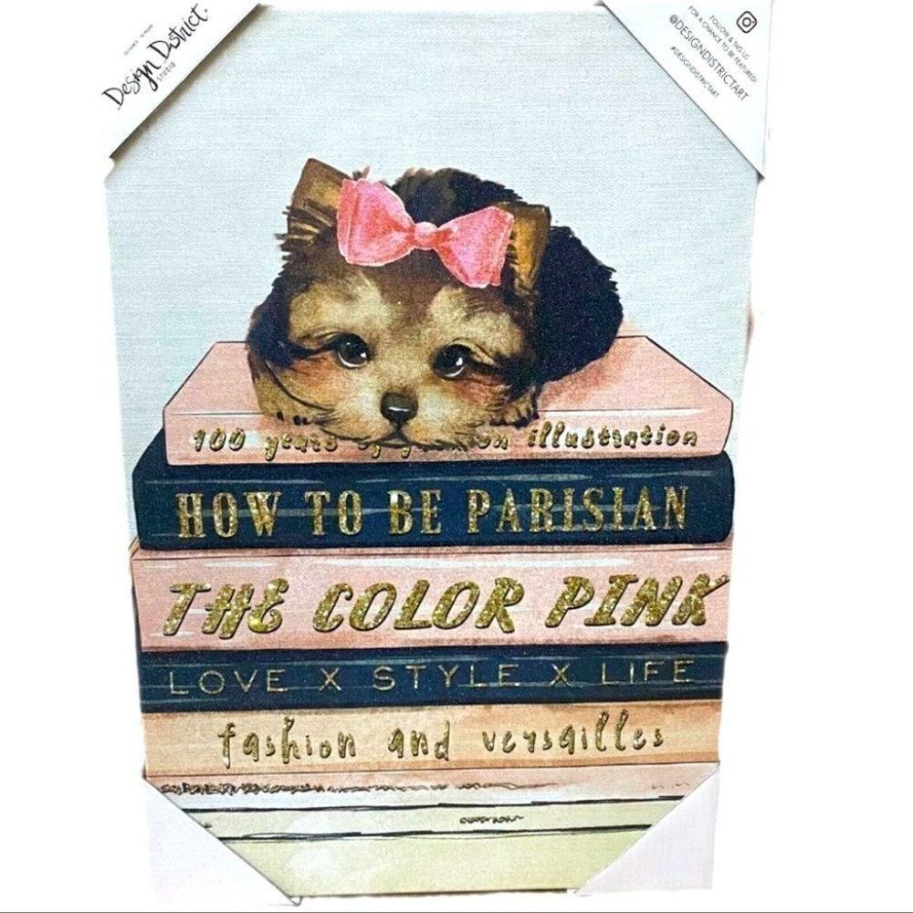 YORKIE Canvas 18”x12” Bow Fashion Pink Wall Art Books Design Decor Dog Frame